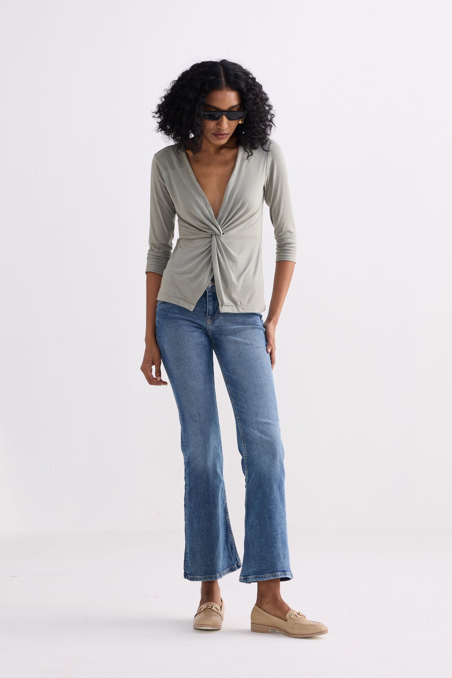 Twist Front Knit Shirt in Light Olive Knit Top for Women - gallery