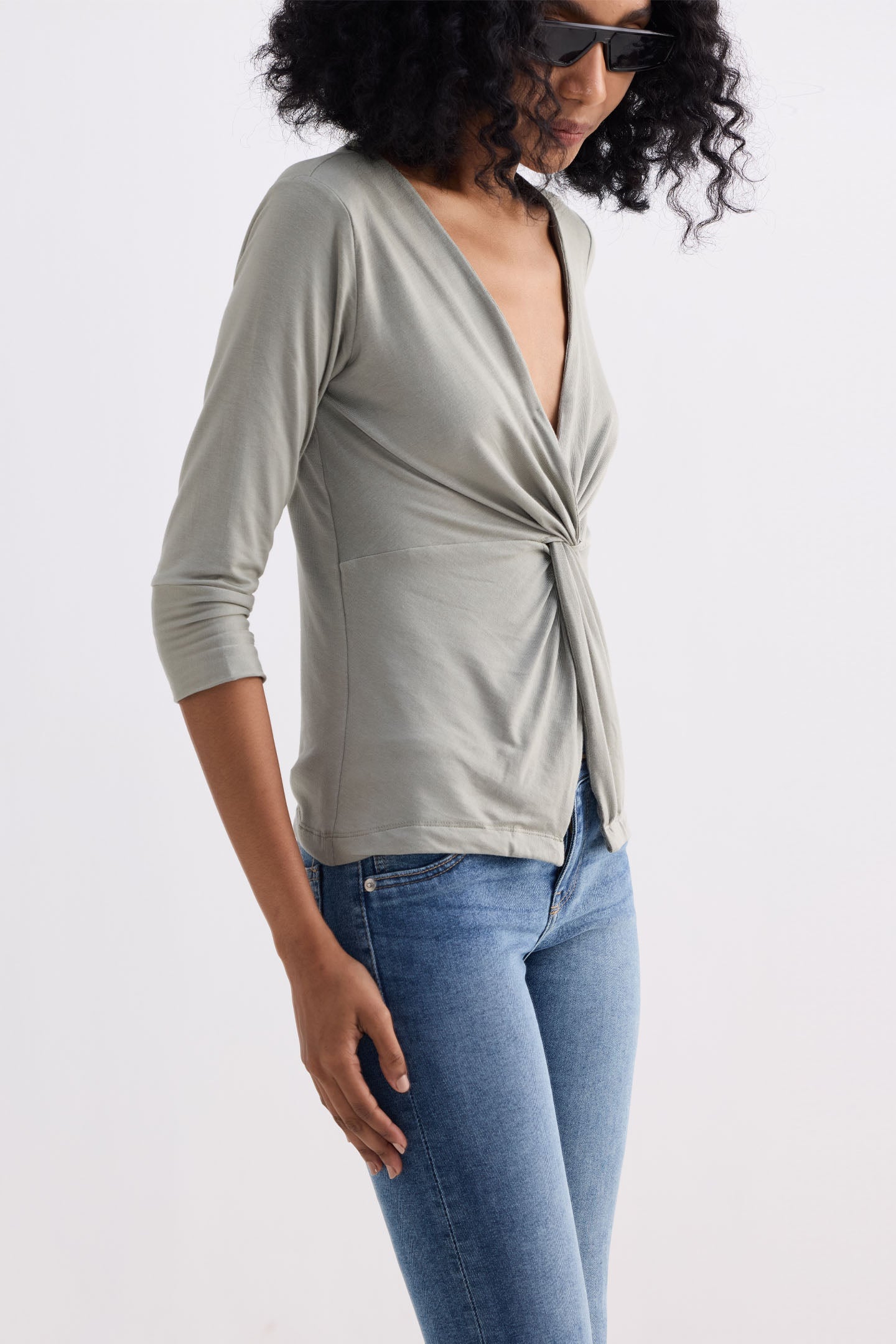 Twist Front Knit Shirt in Light Olive Knit Top for Women - gallery