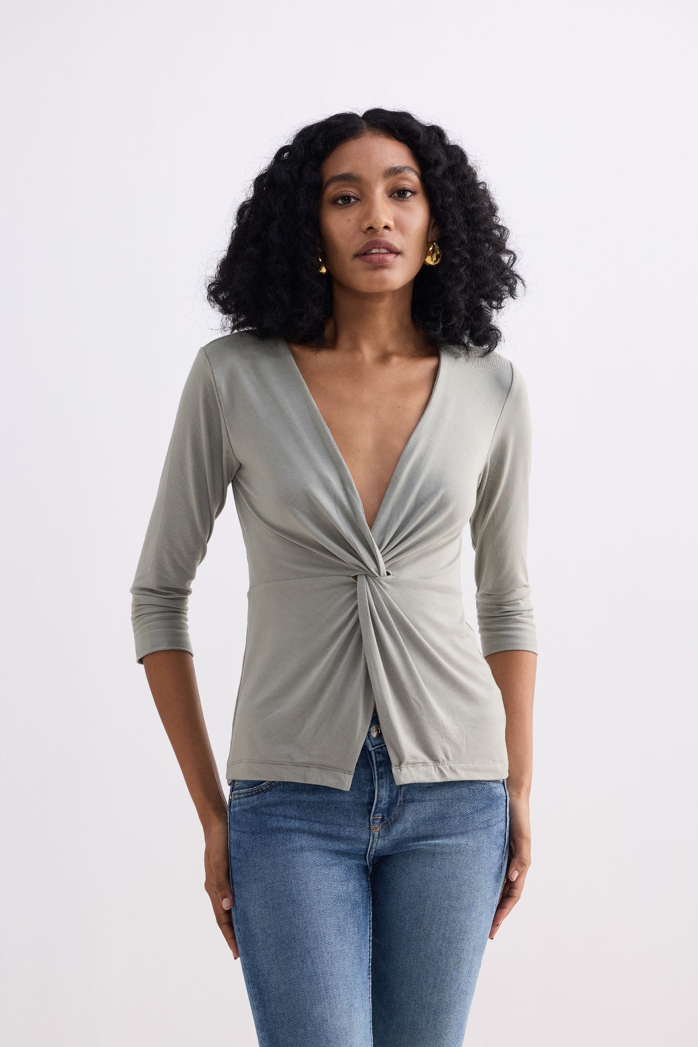 Twist Front Knit Shirt in Light Olive Knit Top for Women - gallery