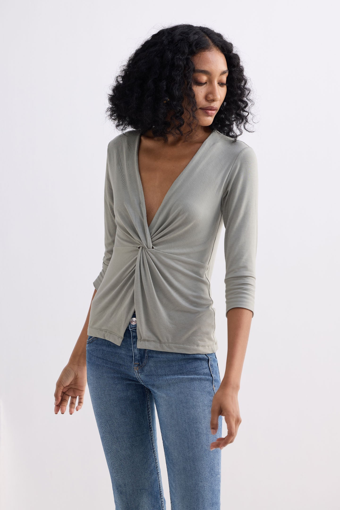 Twist Front Knit Shirt in Light Olive Knit Top for Women - gallery