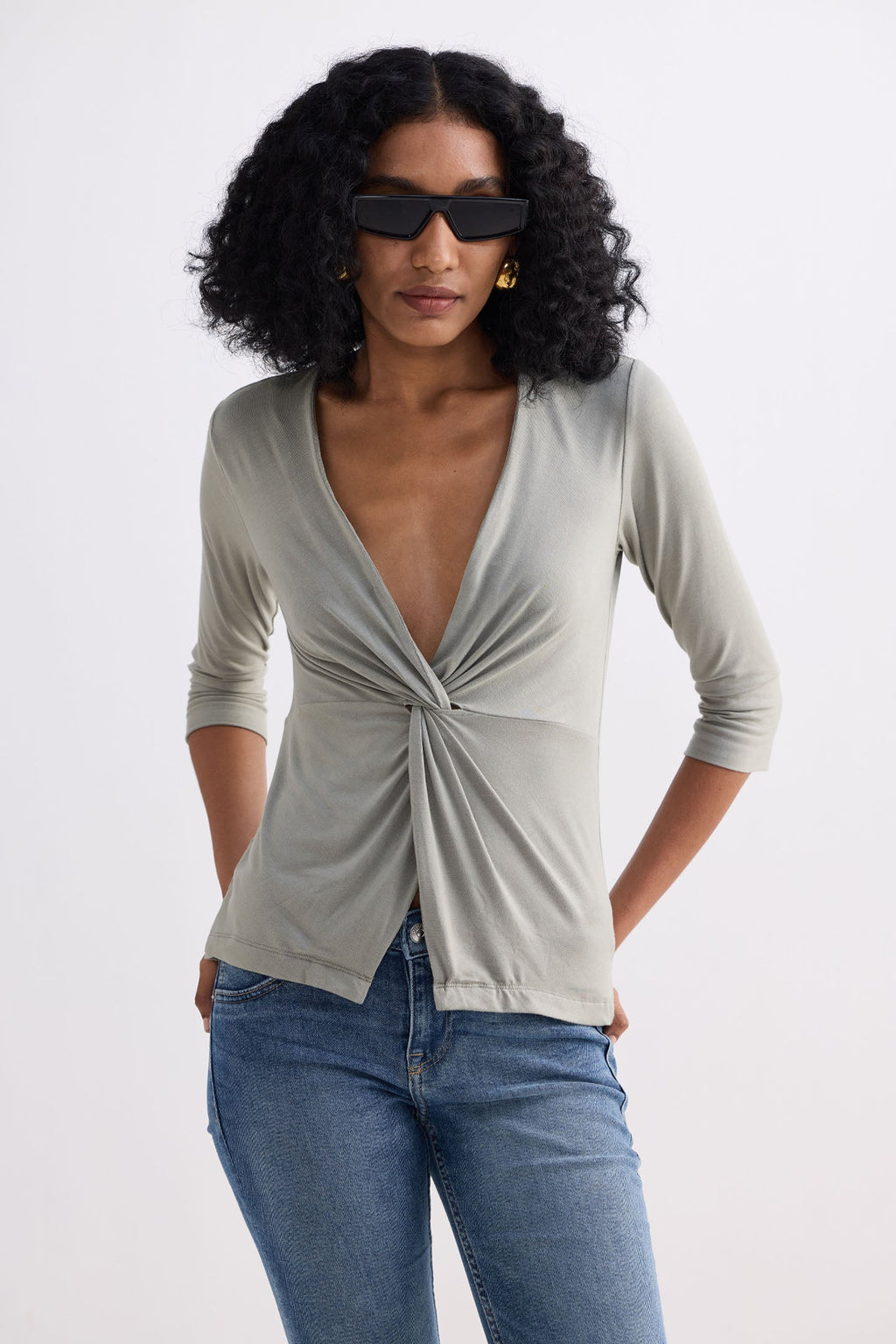 Twist Front Knit Shirt in Light Olive Knit Top for Women - gallery