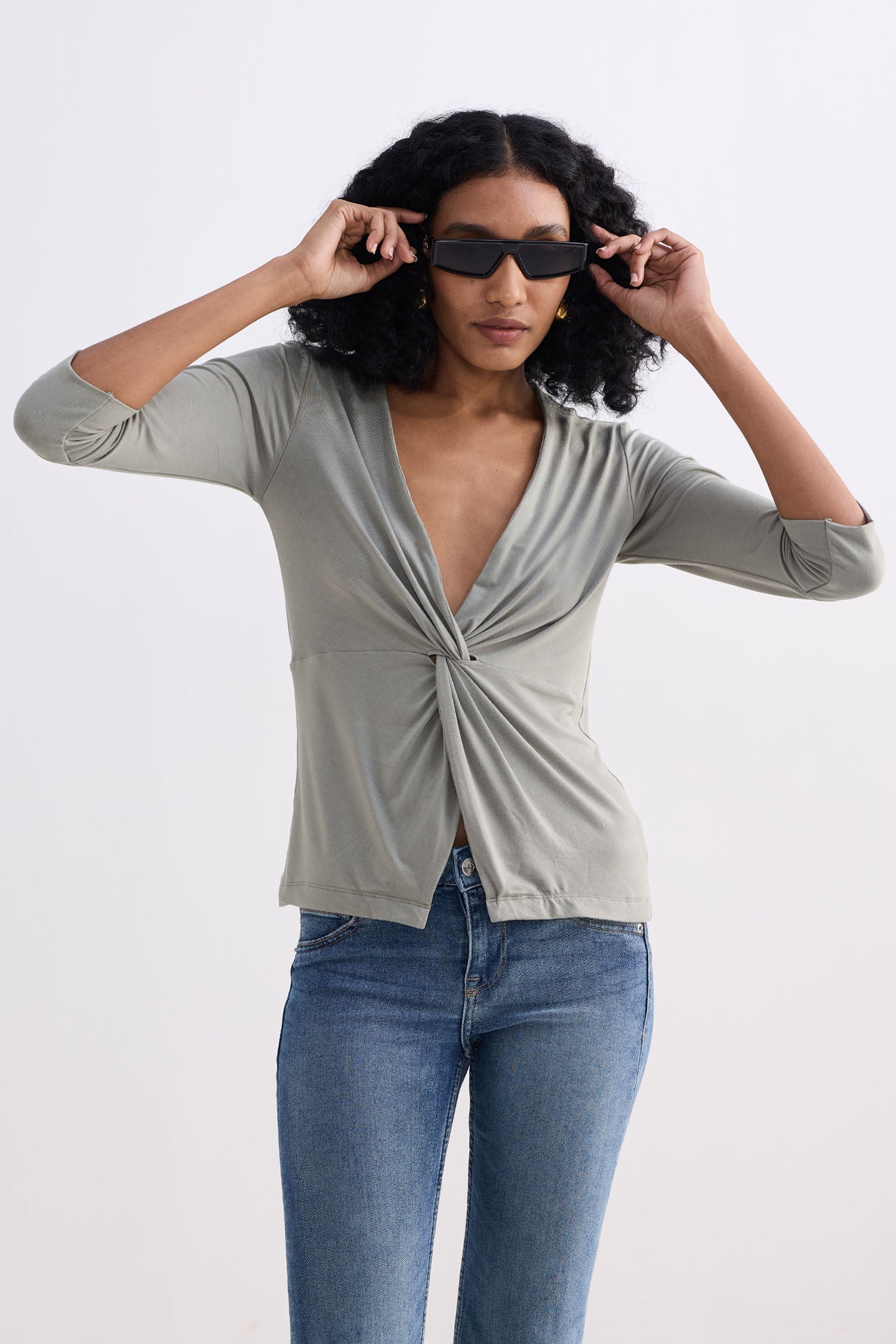 Twist Front Knit Shirt in Light Olive Knit Top for Women - gallery