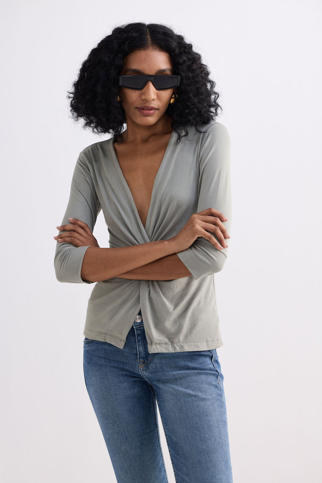Twist Front Knit Shirt in Light Olive Knit Top for Women - gallery
