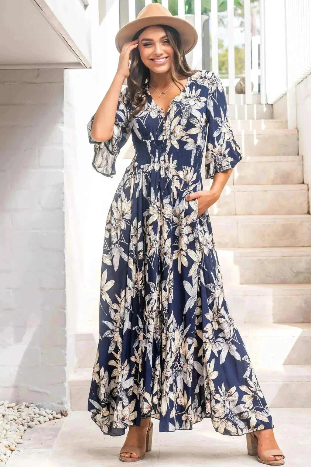 Frigg Maxi Dress - Buttoned Bodice A Line Dress With Flute Sleeves In Navy — gallery