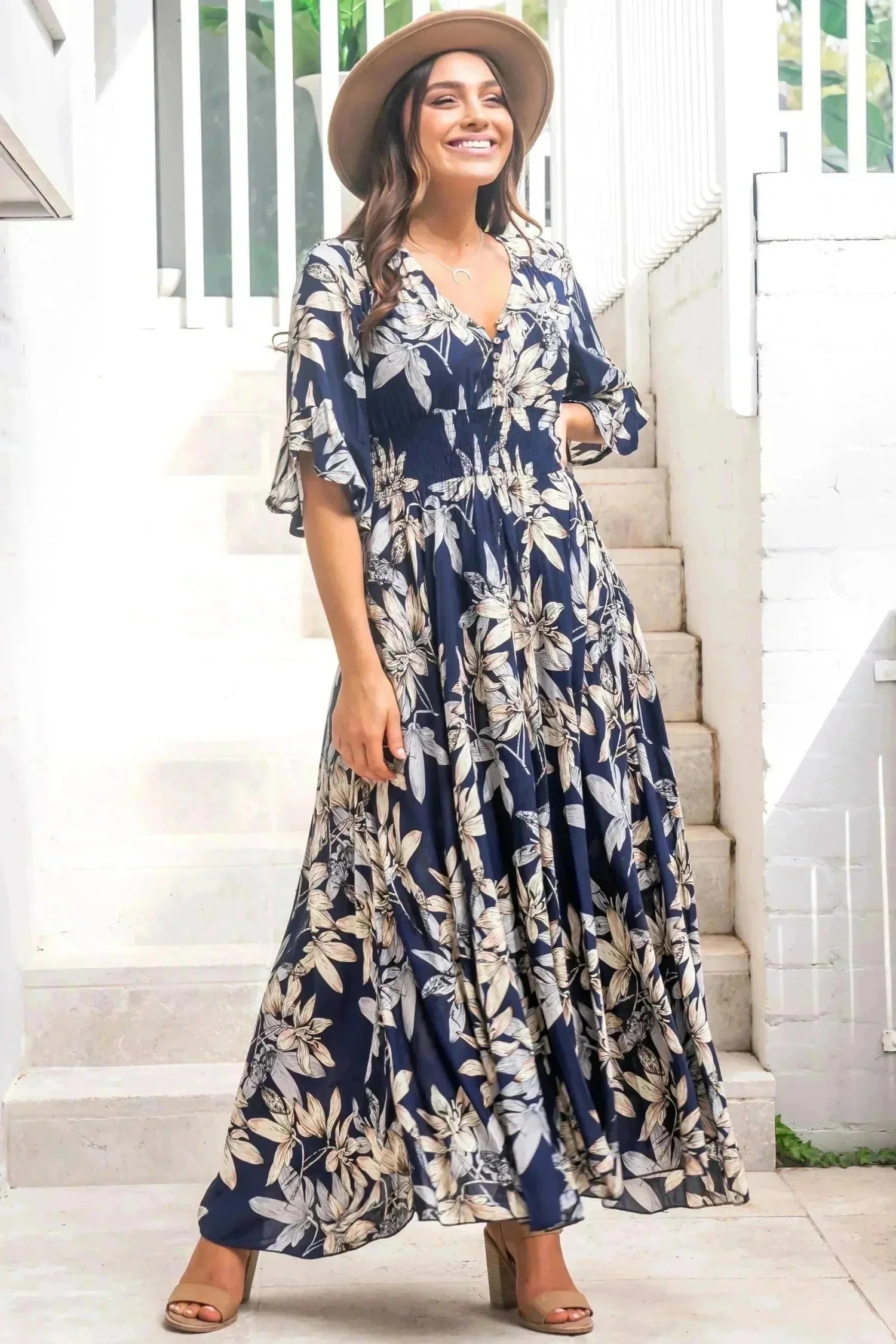 Frigg Maxi Dress - Buttoned Bodice A Line Dress With Flute Sleeves In Navy — gallery