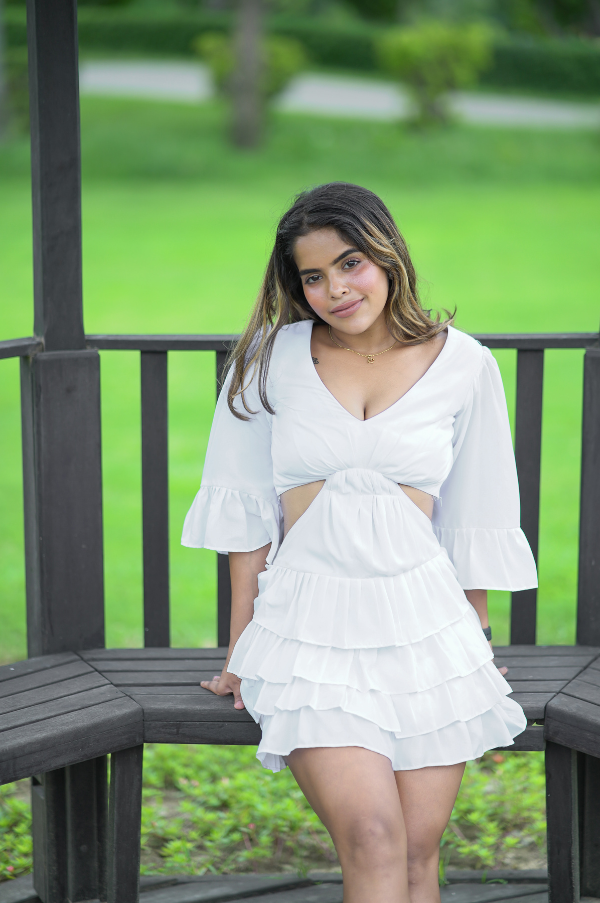 Floaty & Flared White Daisy Ruffle Dress for Women