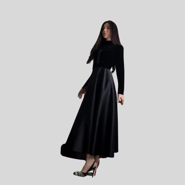 Stylish Velvet Turtleneck Dress with Flared Hem