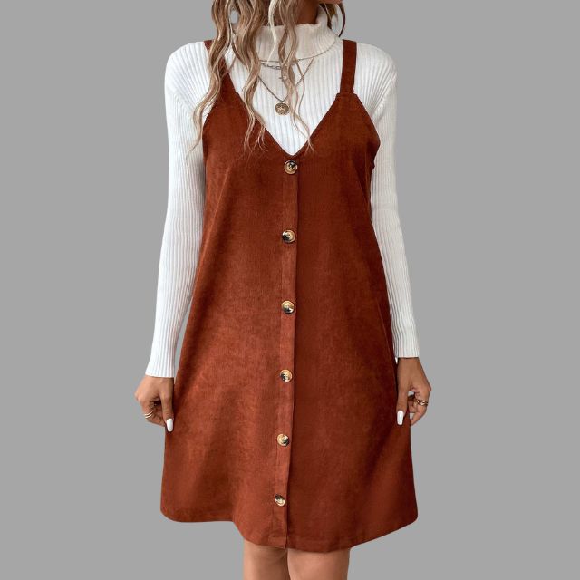 V-Neck Cord Dress with Strap Details and Button Accents