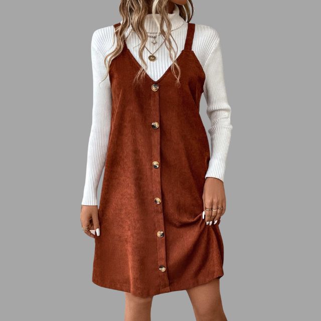 V-Neck Cord Dress with Strap Details and Button Accents