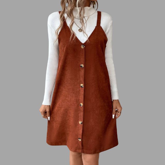 V-Neck Cord Dress with Strap Details and Button Accents