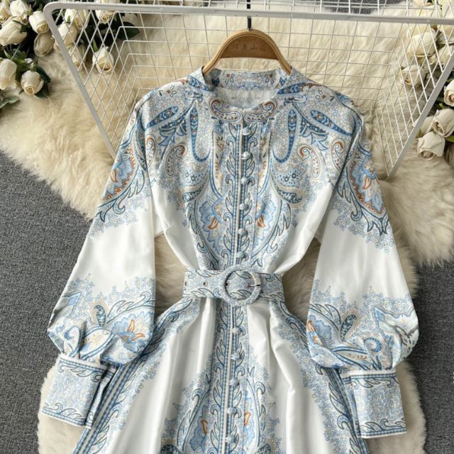 Floral Print A-Line Dress with Belted Waist