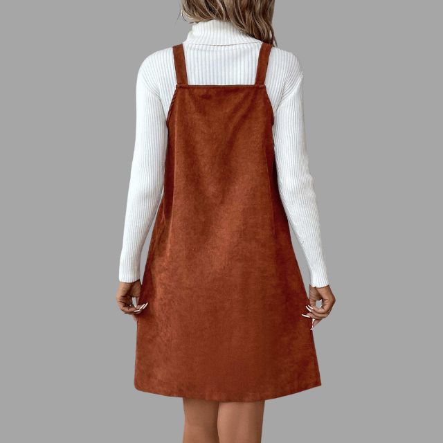V-Neck Cord Dress with Strap Details and Button Accents