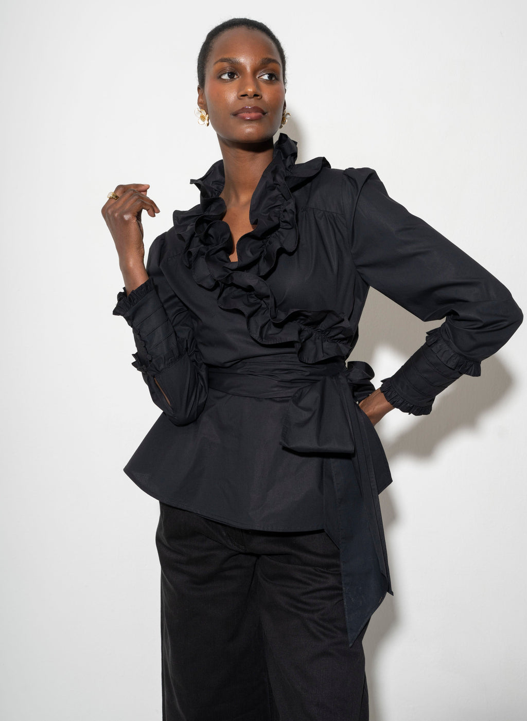 Wrap Ruffle Front Blouse for Women — Black Cotton Peplum - gallery