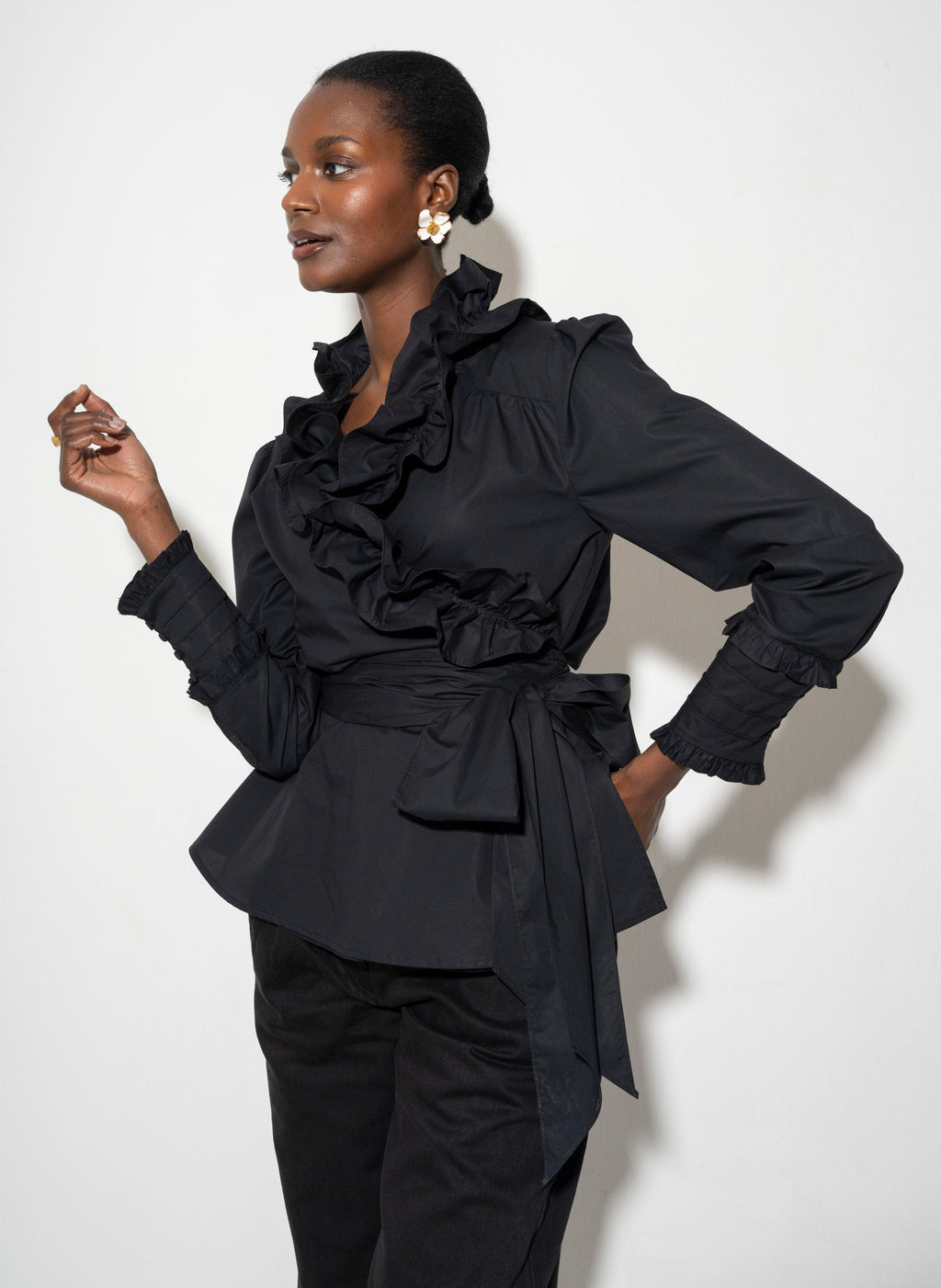 Wrap Ruffle Front Blouse for Women — Black Cotton Peplum - gallery