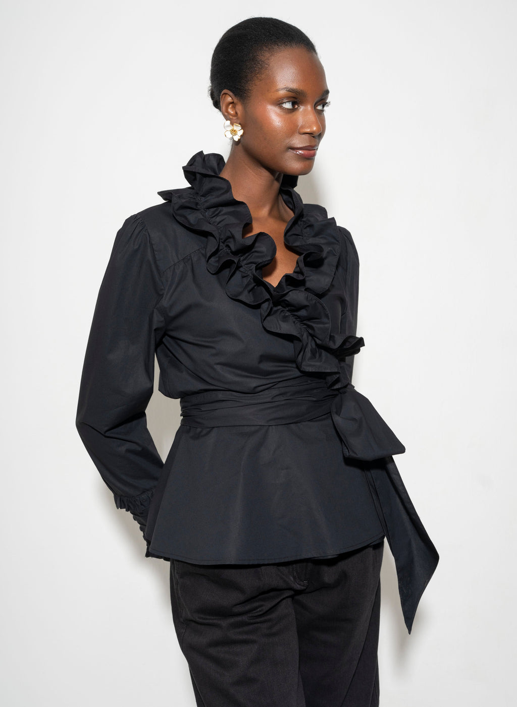Wrap Ruffle Front Blouse for Women — Black Cotton Peplum - gallery