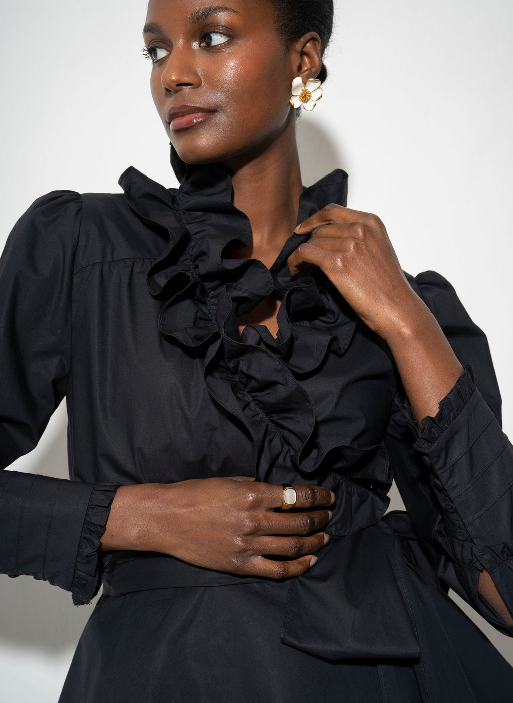 Wrap Ruffle Front Blouse for Women — Black Cotton Peplum - gallery
