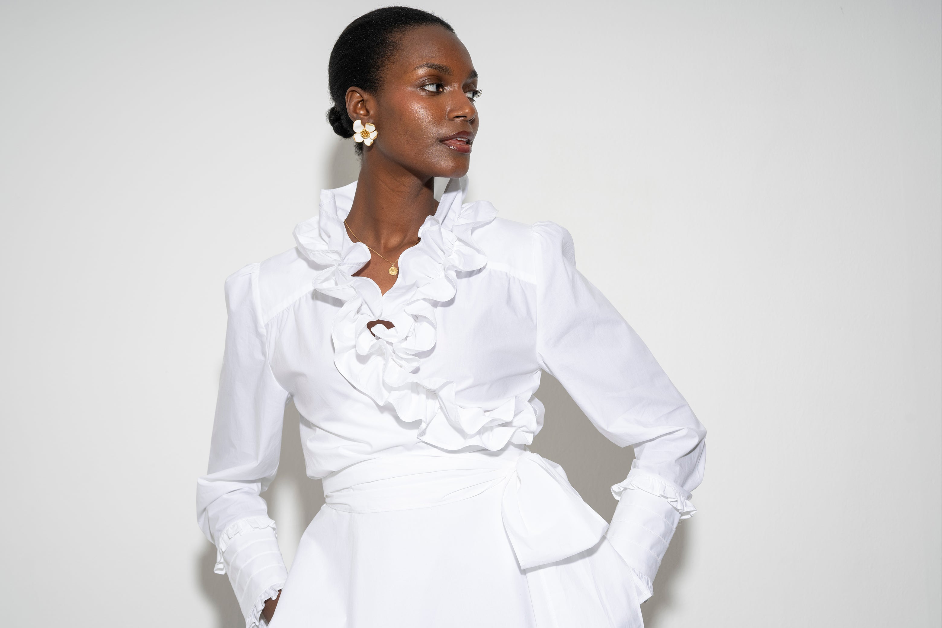 Wrap Ruffle Front Blouse for Women — White Cotton Peplum