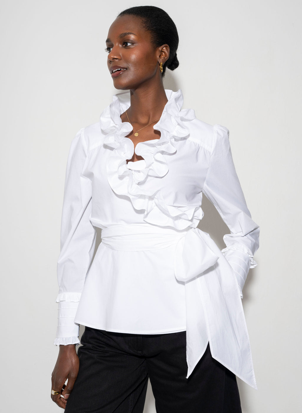 Wrap Ruffle Front Blouse for Women — White Cotton Peplum - gallery