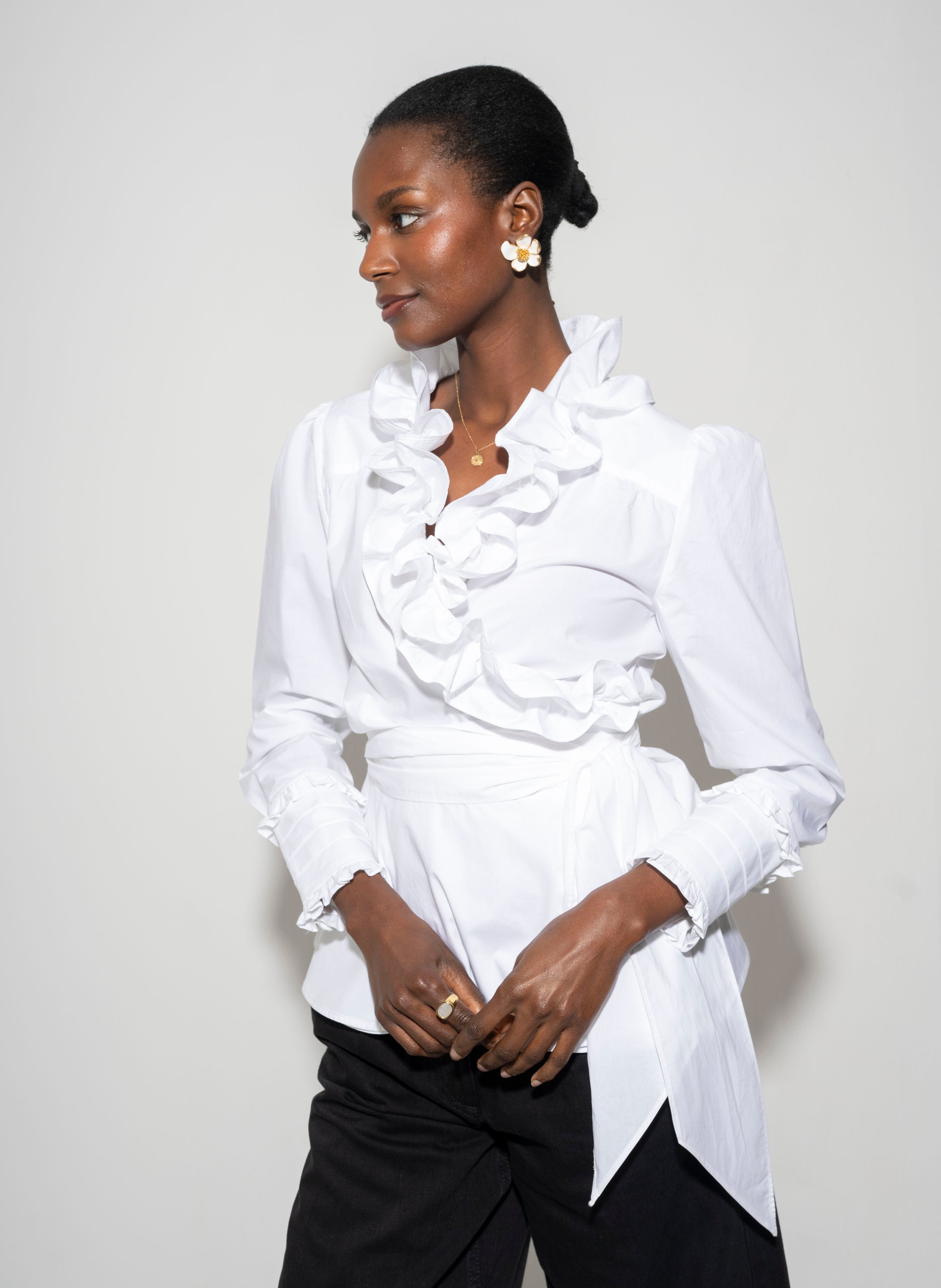 Wrap Ruffle Front Blouse for Women — White Cotton Peplum - gallery