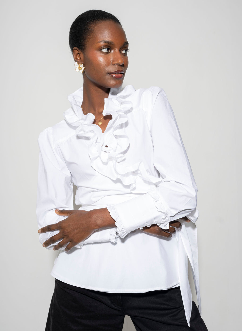 Wrap Ruffle Front Blouse for Women — White Cotton Peplum - gallery