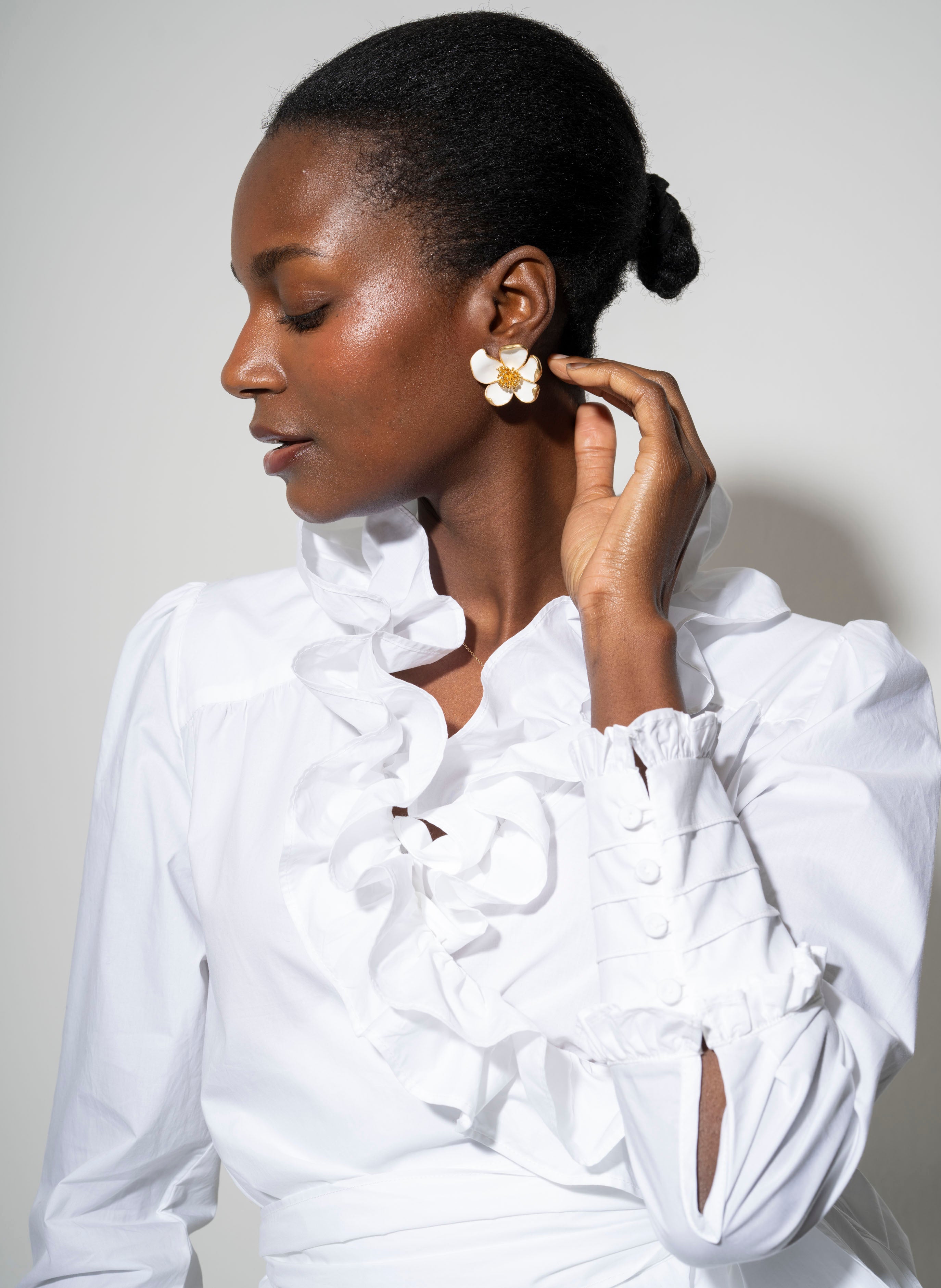 Wrap Ruffle Front Blouse for Women — White Cotton Peplum - gallery