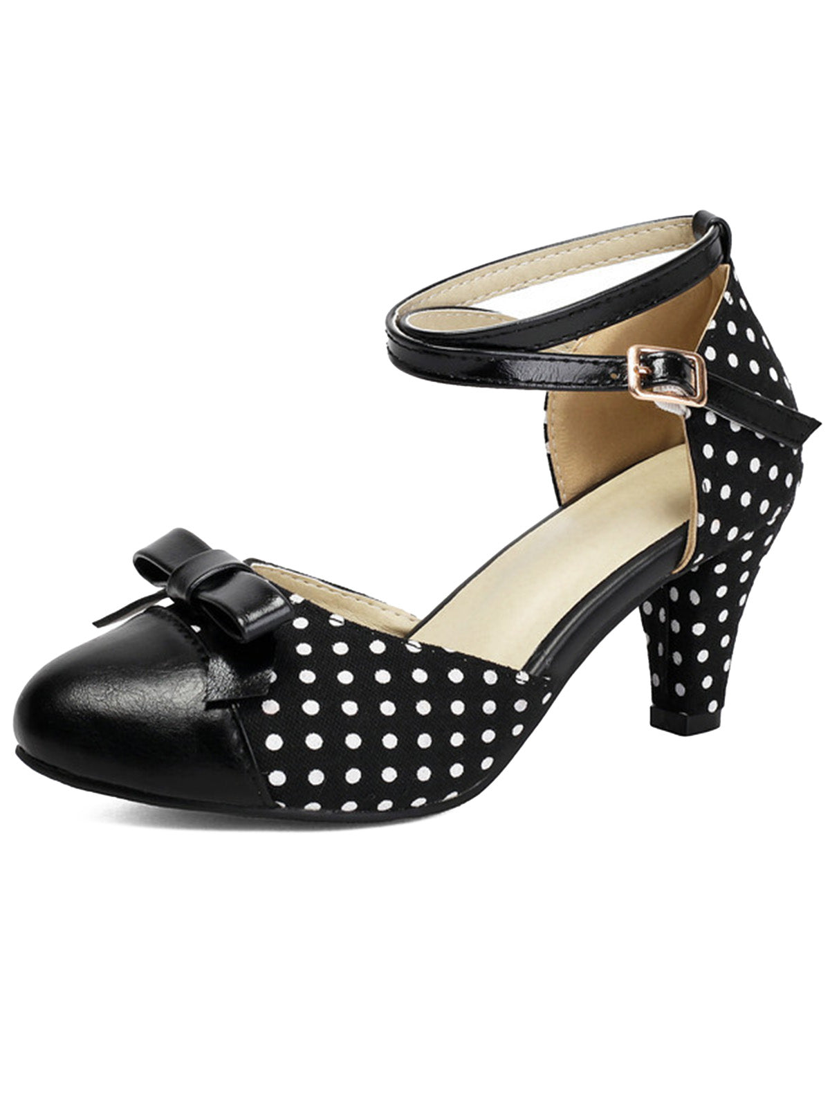 Vintage Pointed Toe Polka Dot Bow Chunky Heels for Women
