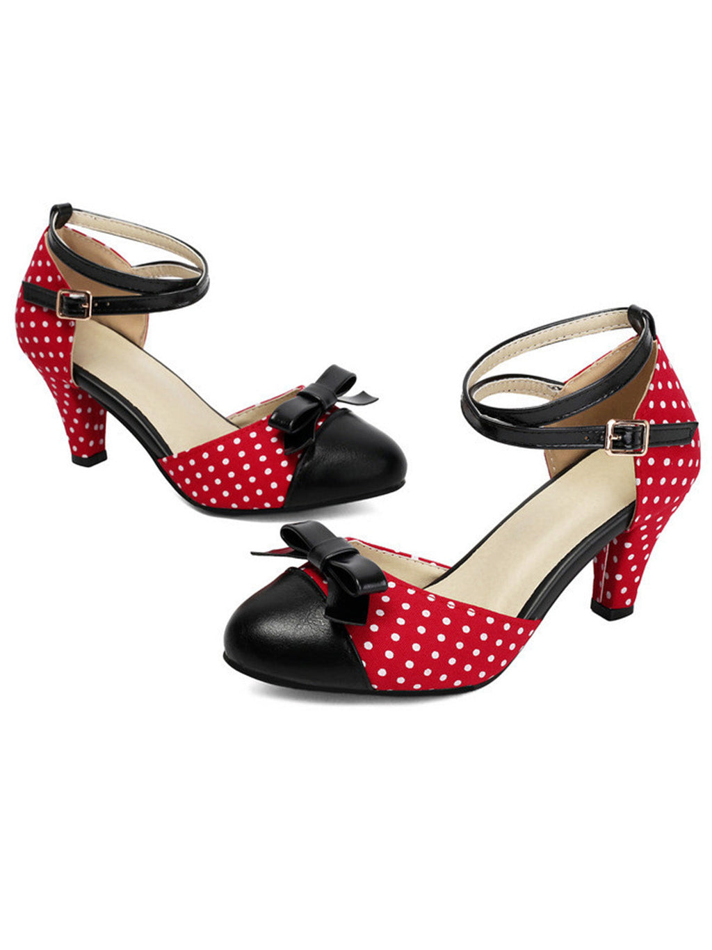 Vintage Pointed Toe Polka Dot Bow Chunky Heels for Women - gallery