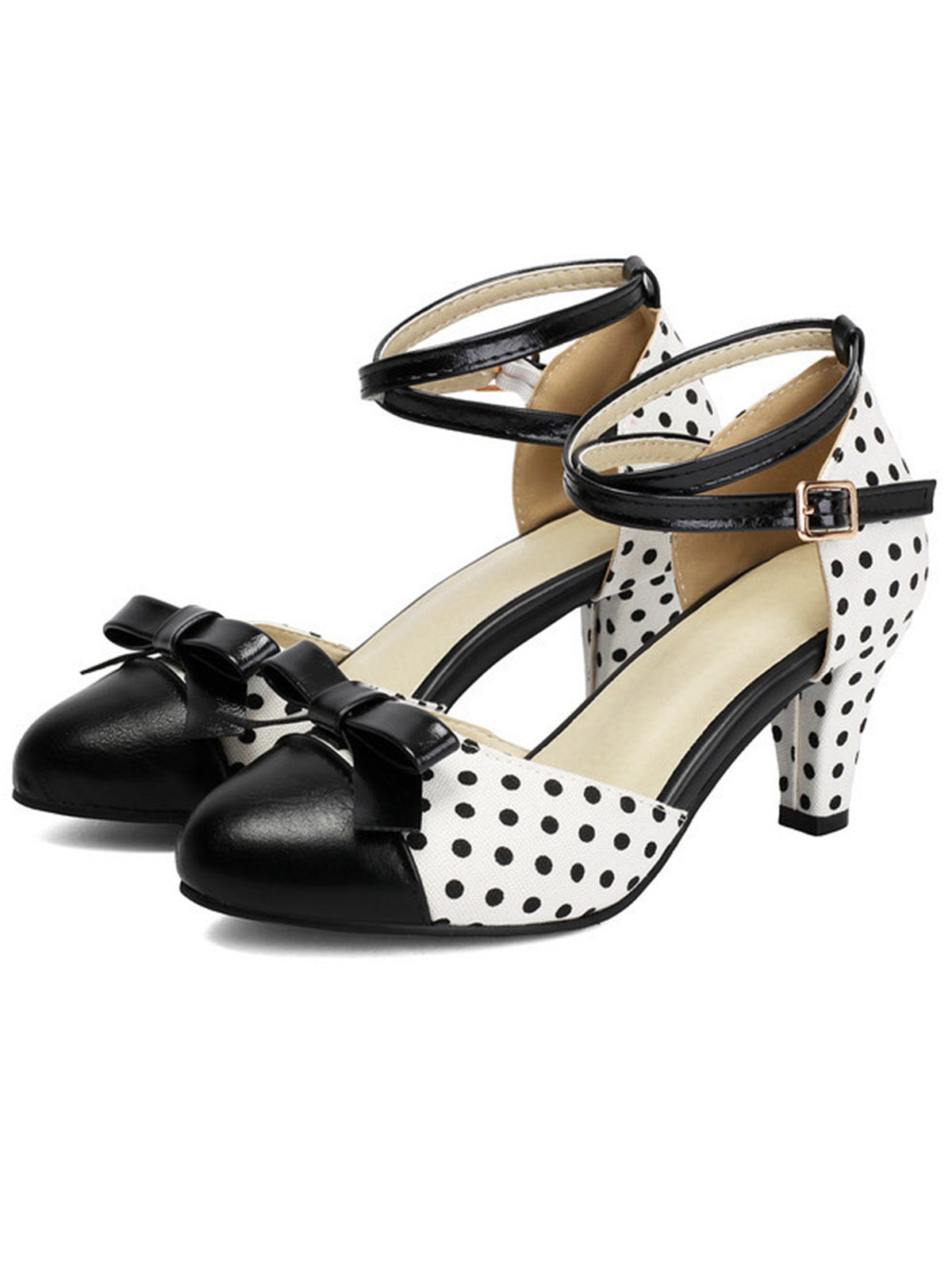Vintage Pointed Toe Polka Dot Bow Chunky Heels for Women - gallery