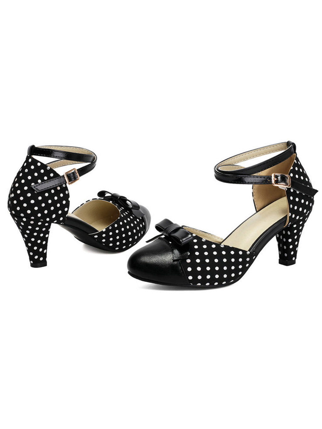 Vintage Pointed Toe Polka Dot Bow Chunky Heels for Women - gallery