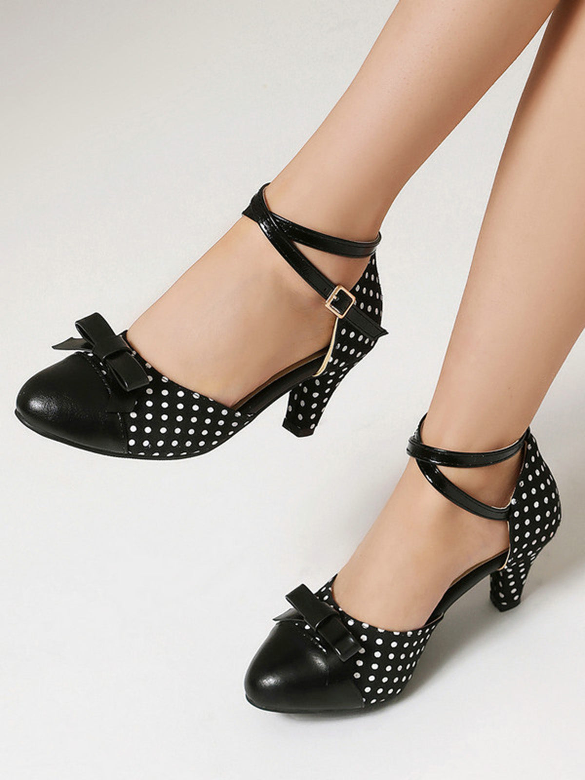 Vintage Pointed Toe Polka Dot Bow Chunky Heels for Women - gallery