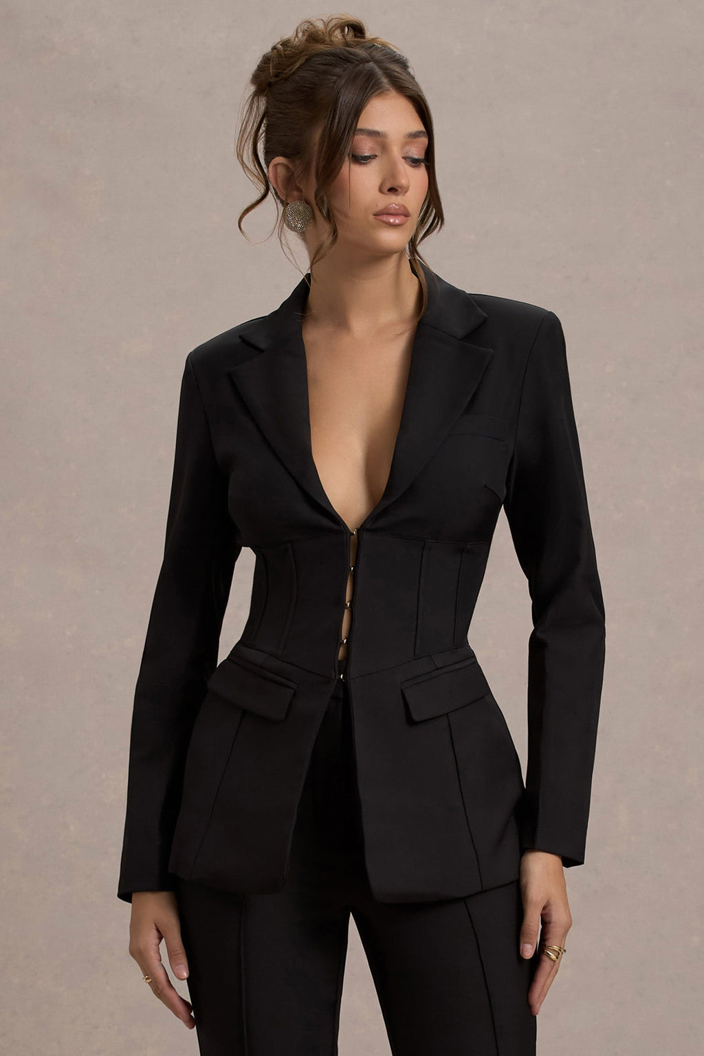 Black Plunge Corset Waist Blazer Dress for Women