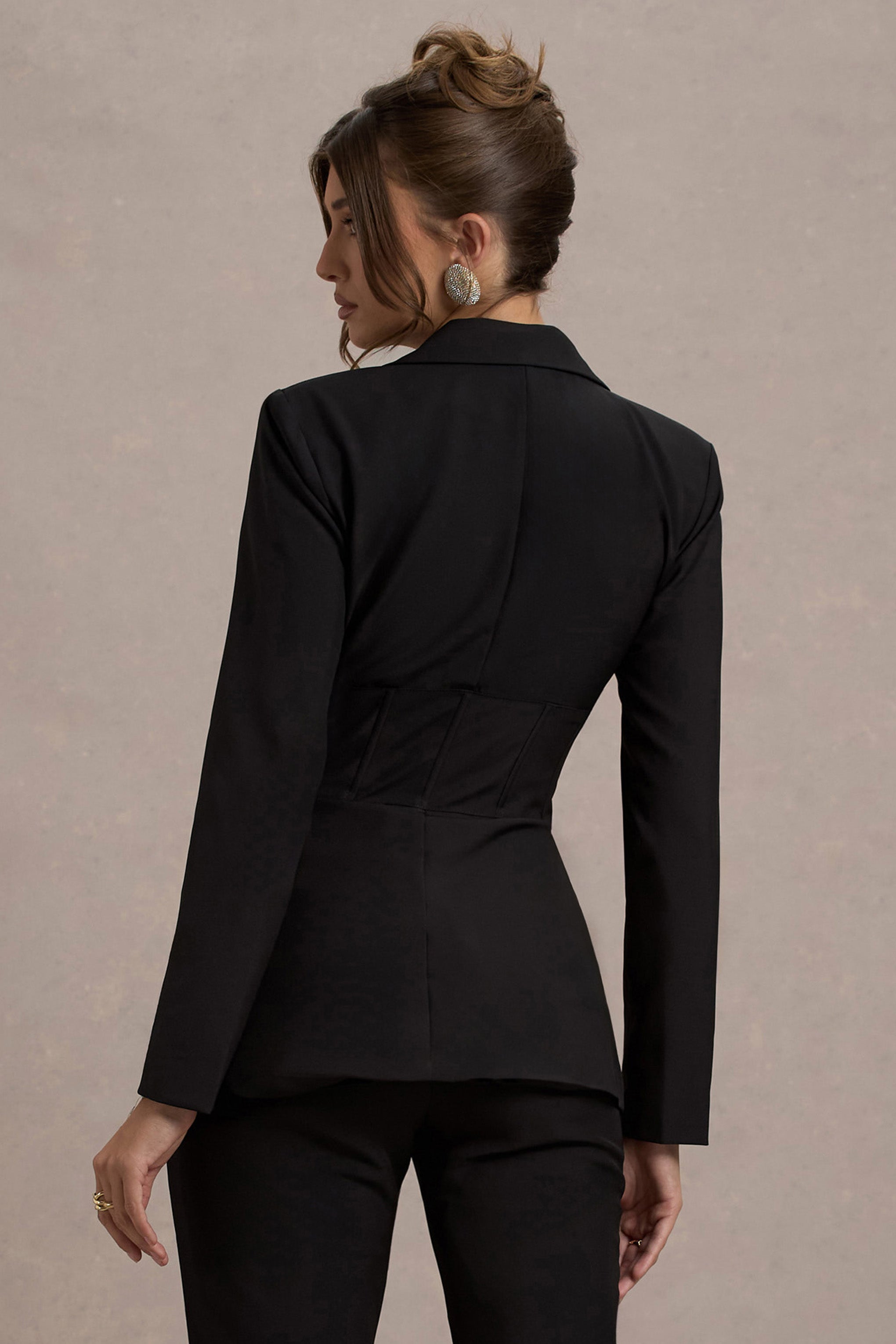 Black Plunge Corset Waist Blazer Dress for Women - gallery