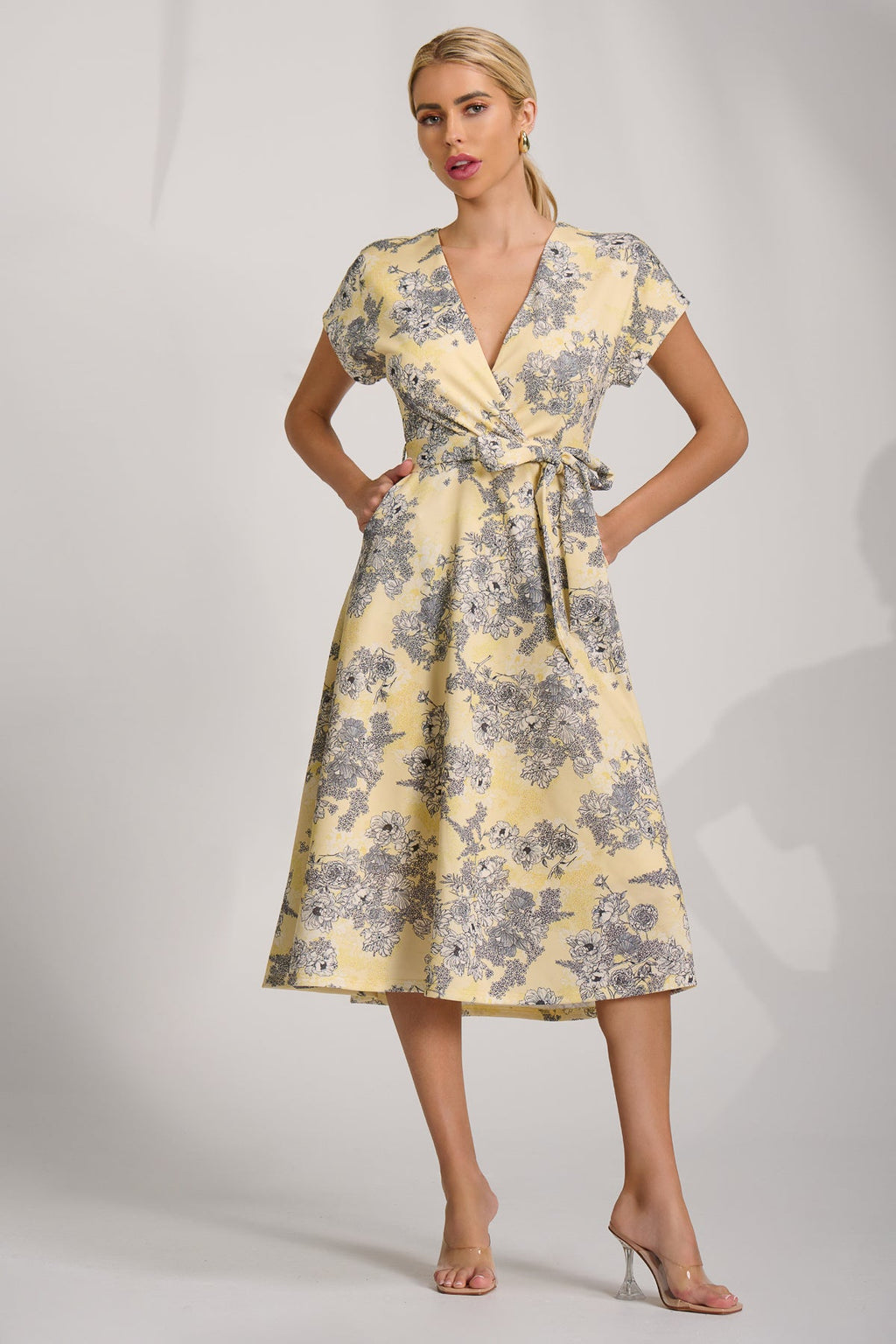 Kimono Sleeve Print Scuba Midi Dress, Yellow Floral for Women