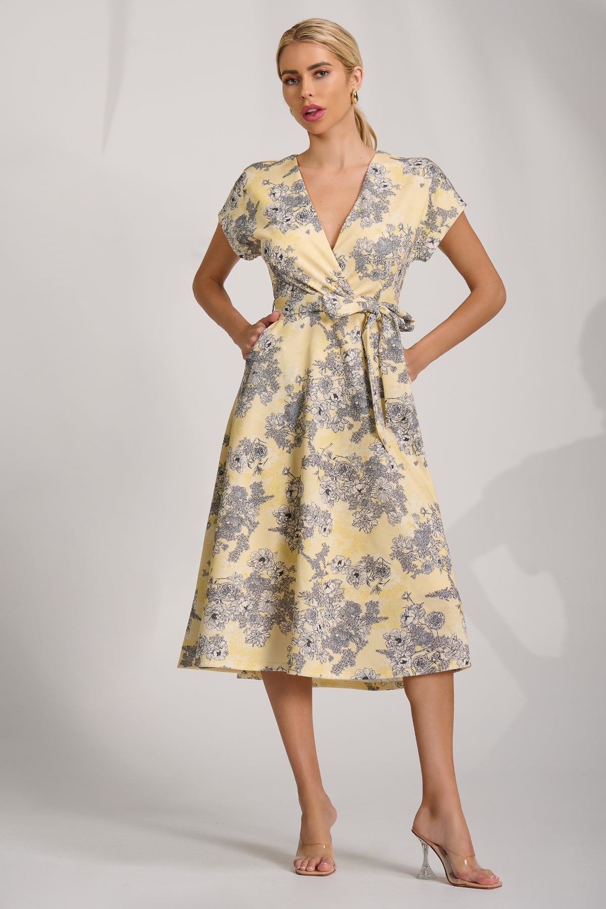 Kimono Sleeve Print Scuba Midi Dress, Yellow Floral for Women
