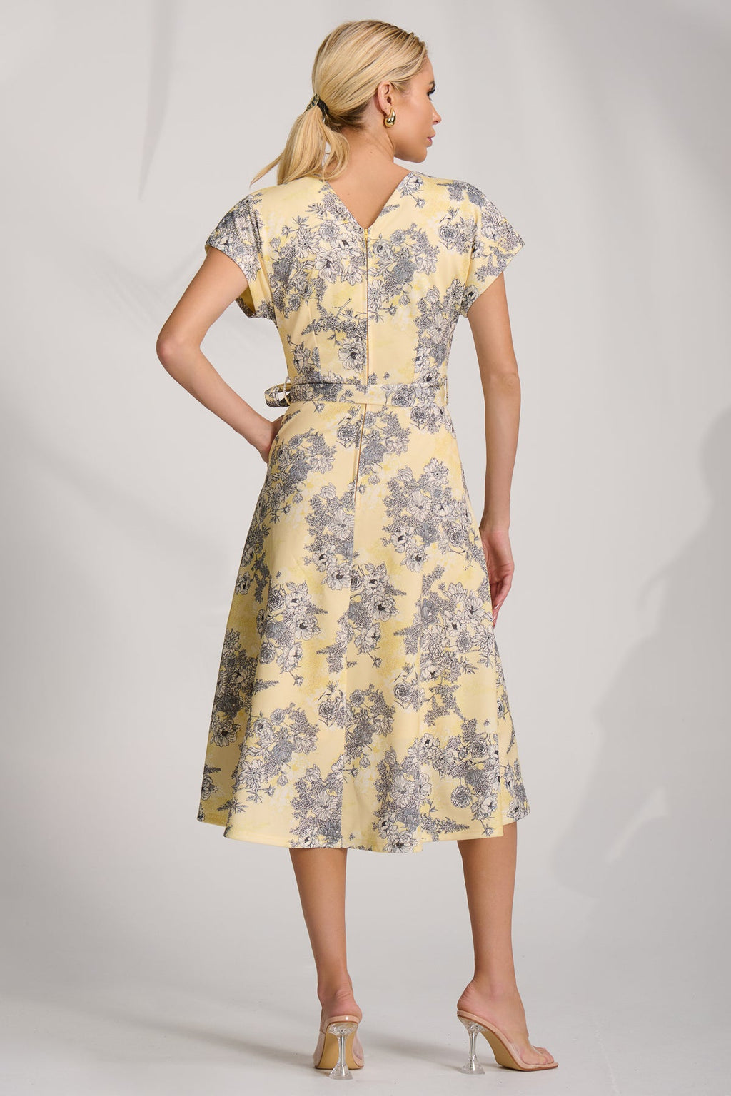 Kimono Sleeve Print Scuba Midi Dress, Yellow Floral for Women - gallery