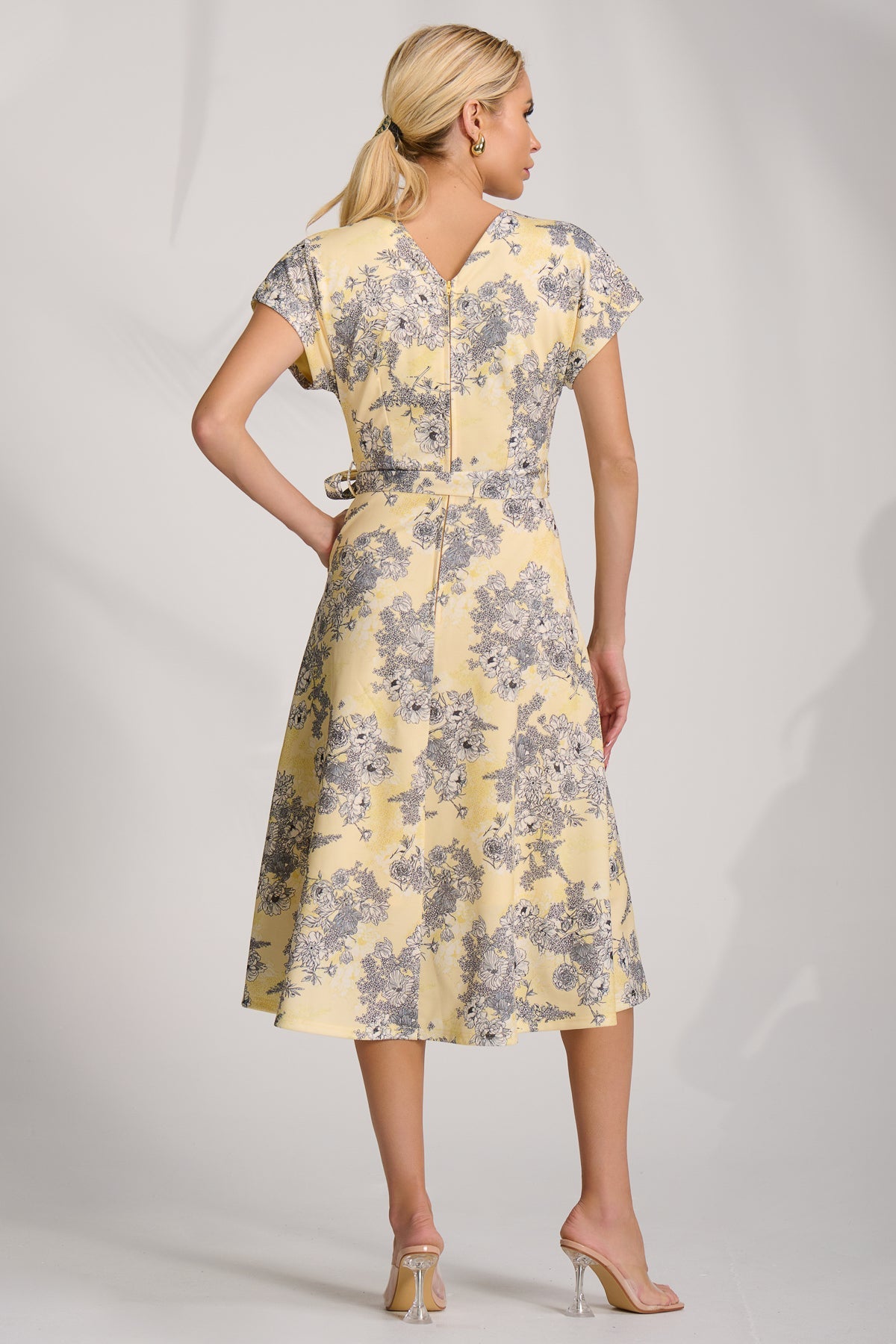 Kimono Sleeve Print Scuba Midi Dress, Yellow Floral for Women - gallery