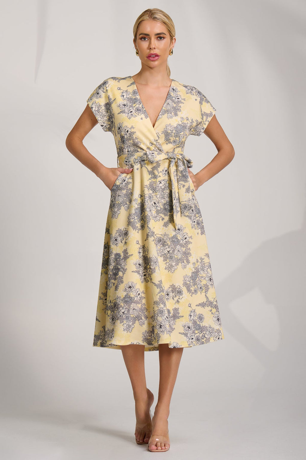 Kimono Sleeve Print Scuba Midi Dress, Yellow Floral for Women - gallery