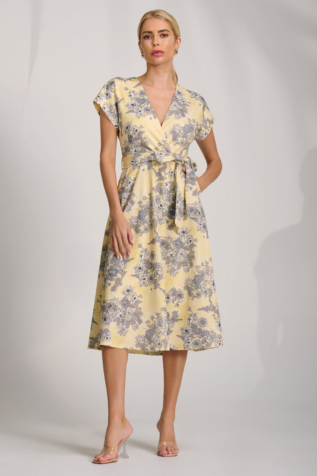 Kimono Sleeve Print Scuba Midi Dress, Yellow Floral for Women - gallery