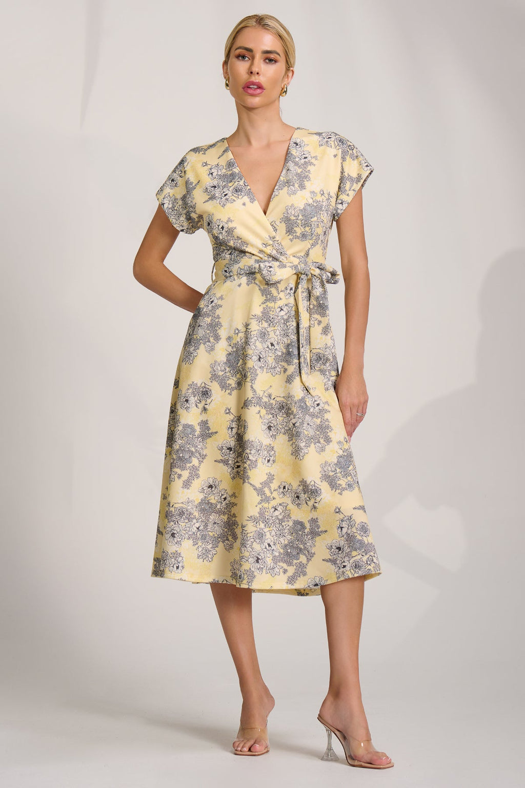 Kimono Sleeve Print Scuba Midi Dress, Yellow Floral for Women - gallery