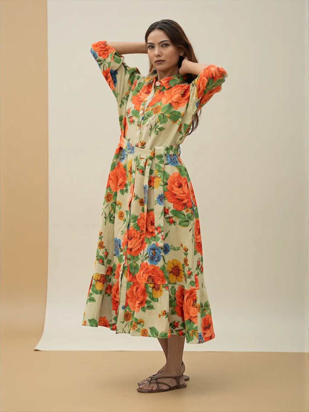 Hand Block Printed Cotton Waffle Midi Dress for Women — Floral Boho - gallery
