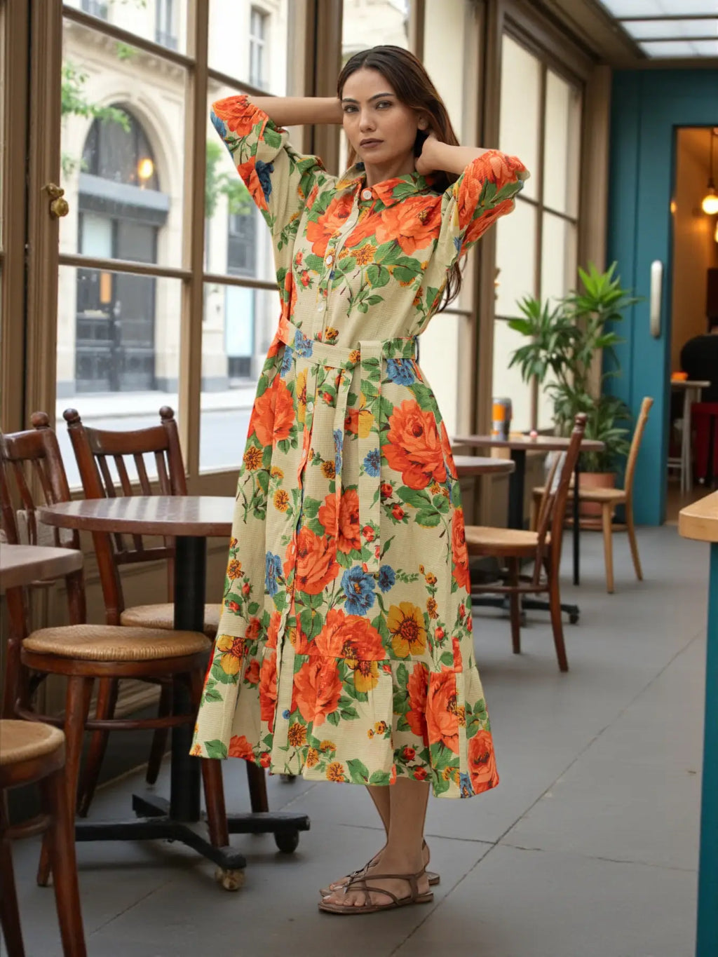 Hand Block Printed Cotton Waffle Midi Dress for Women — Floral Boho - gallery