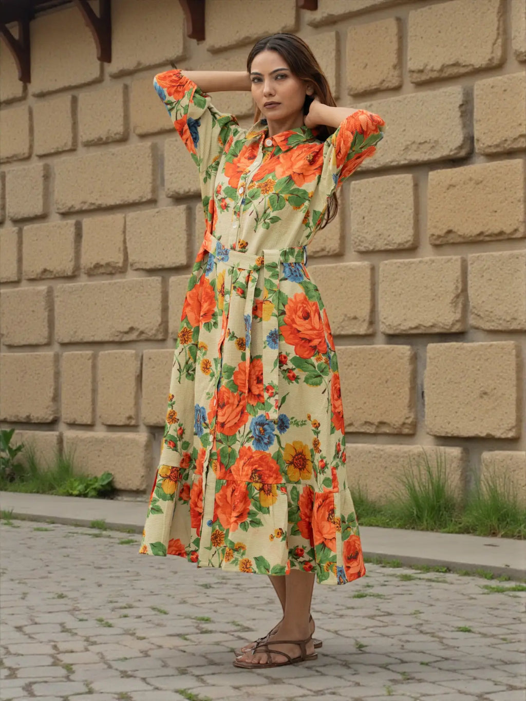 Hand Block Printed Cotton Waffle Midi Dress for Women — Floral Boho - gallery