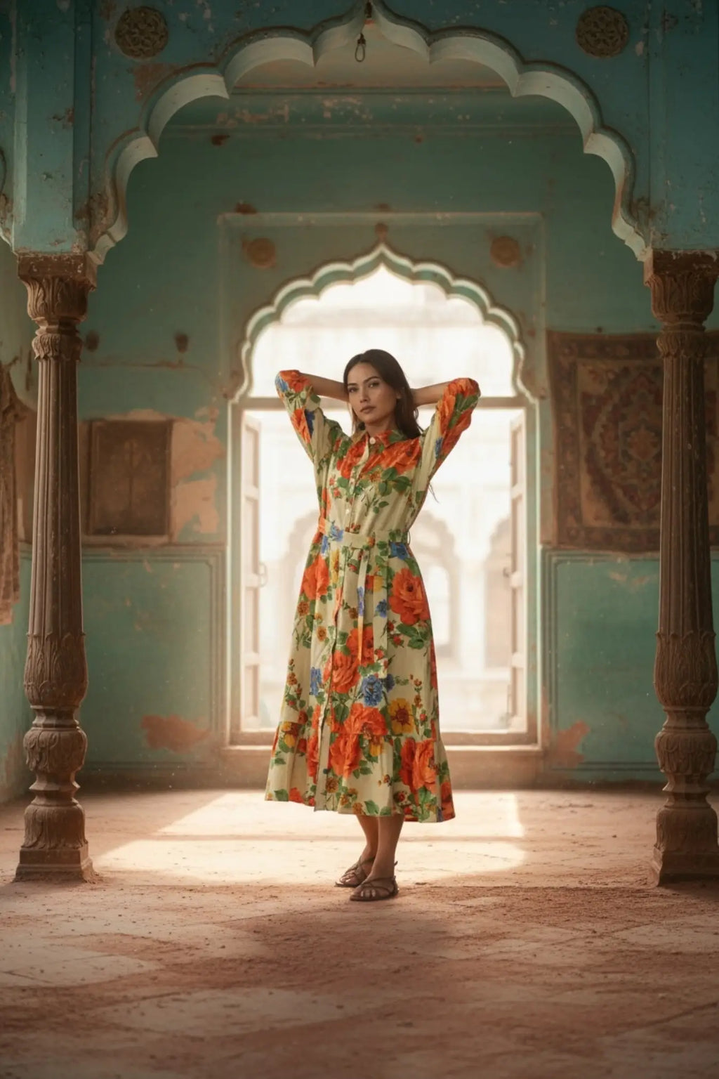 Hand Block Printed Cotton Waffle Midi Dress for Women — Floral Boho - gallery
