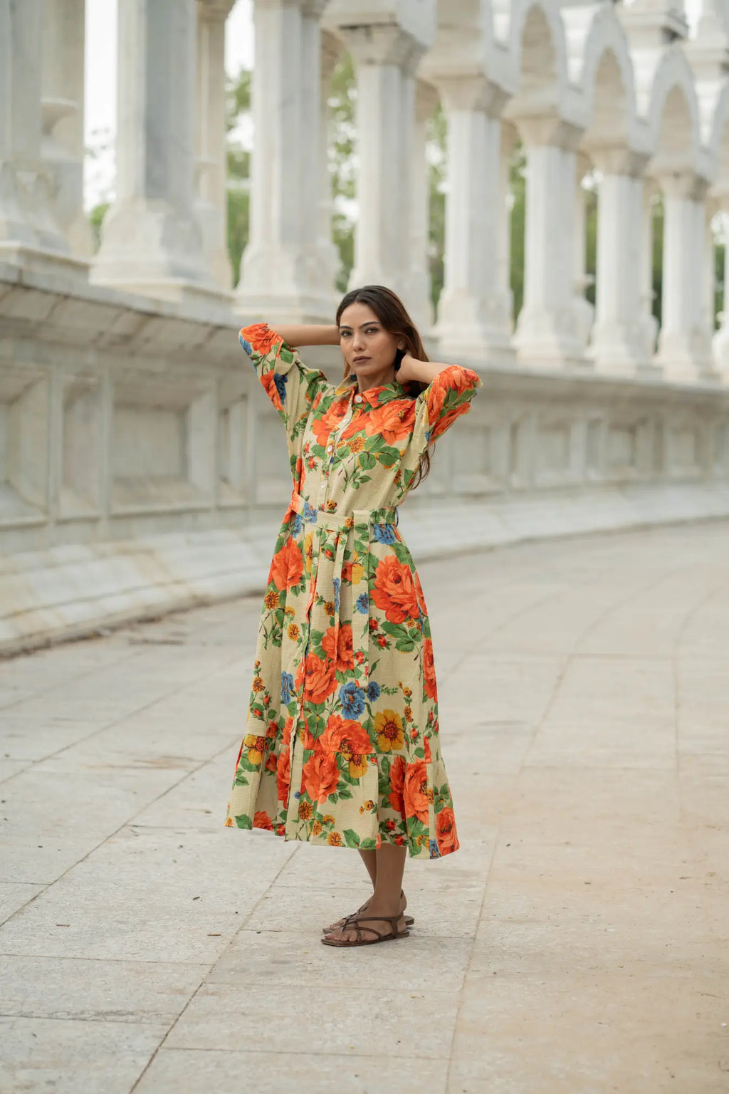Hand Block Printed Cotton Waffle Midi Dress for Women — Floral Boho - gallery