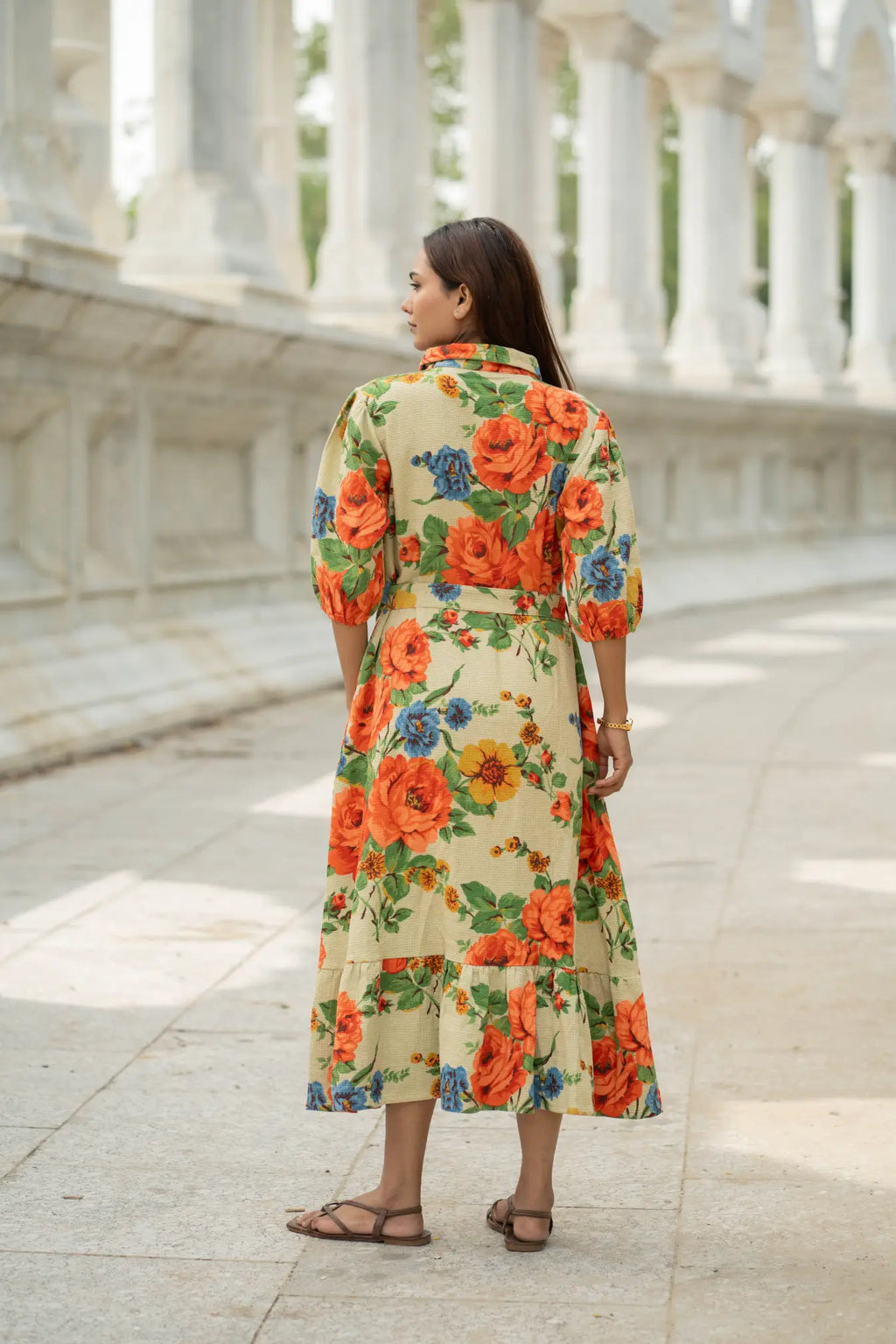 Hand Block Printed Cotton Waffle Midi Dress for Women — Floral Boho - gallery