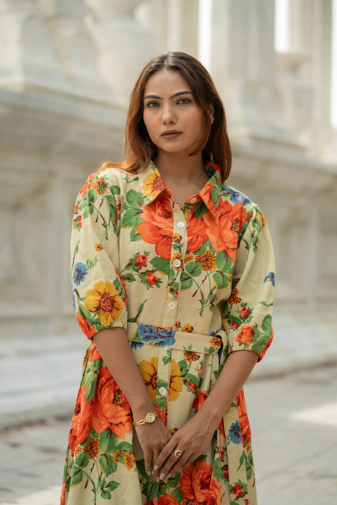 Hand Block Printed Cotton Waffle Midi Dress for Women — Floral Boho
