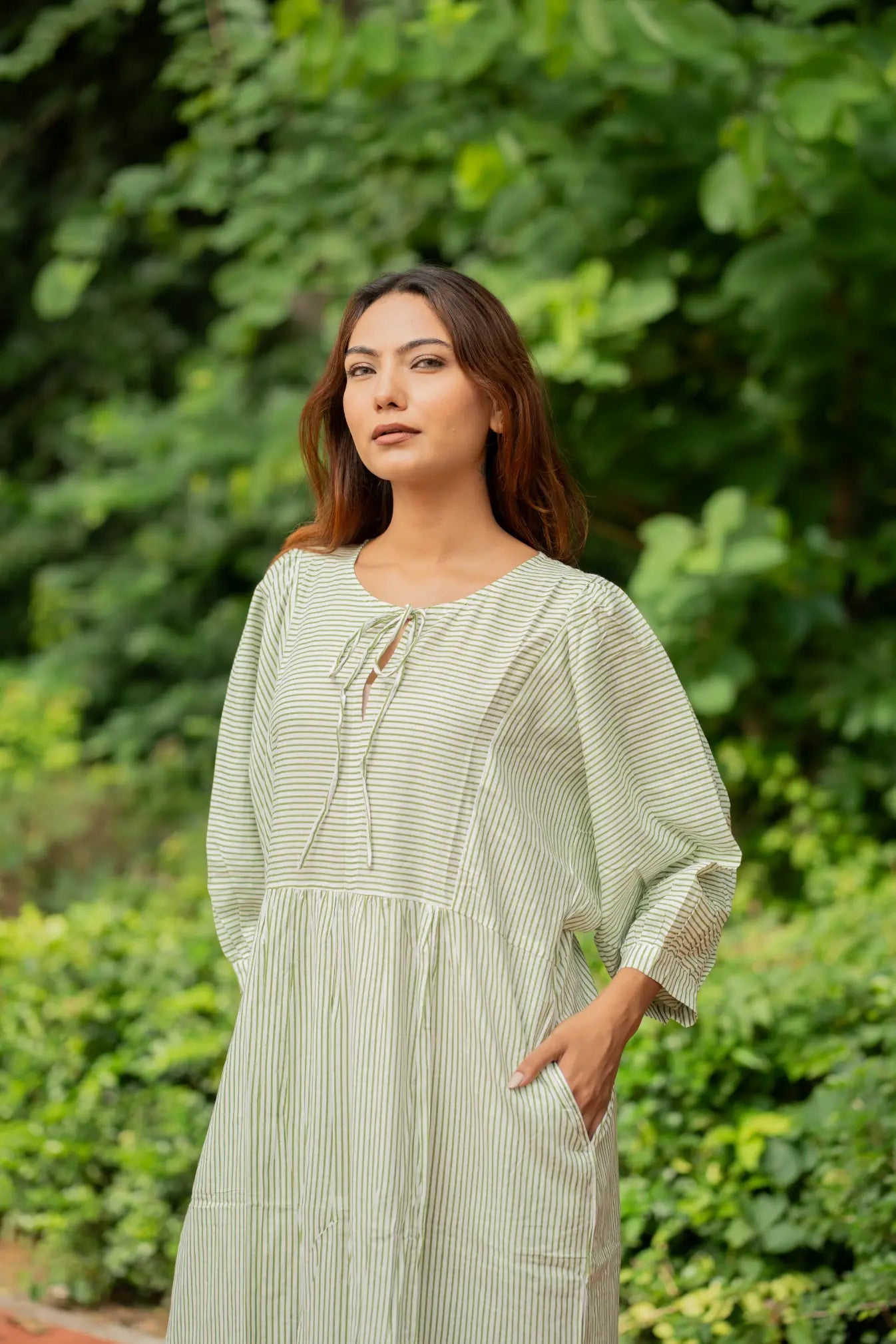 Hand Block-Print Striped Cotton Midi Dress for Women — Boho - gallery