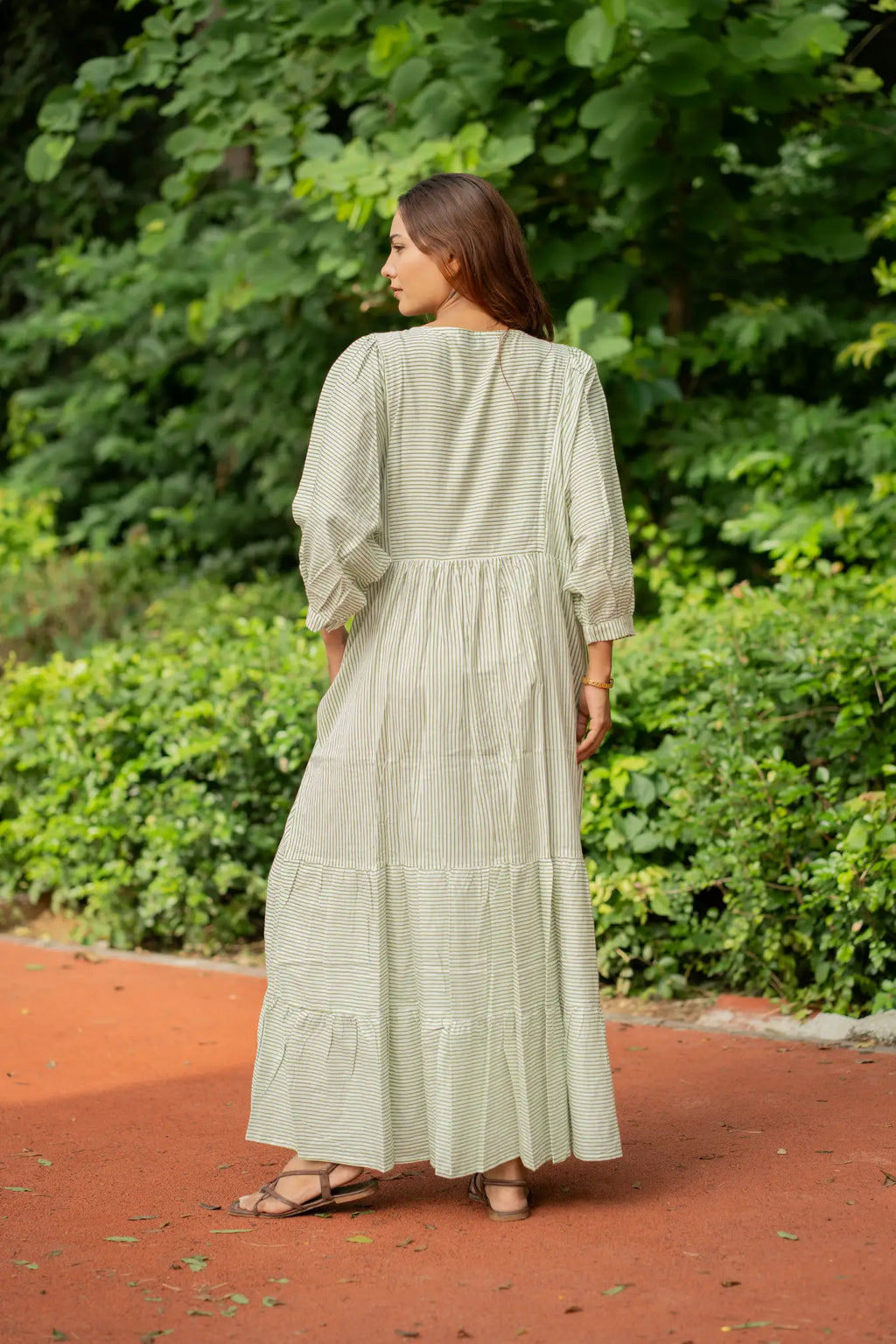 Hand Block-Print Striped Cotton Midi Dress for Women — Boho - gallery