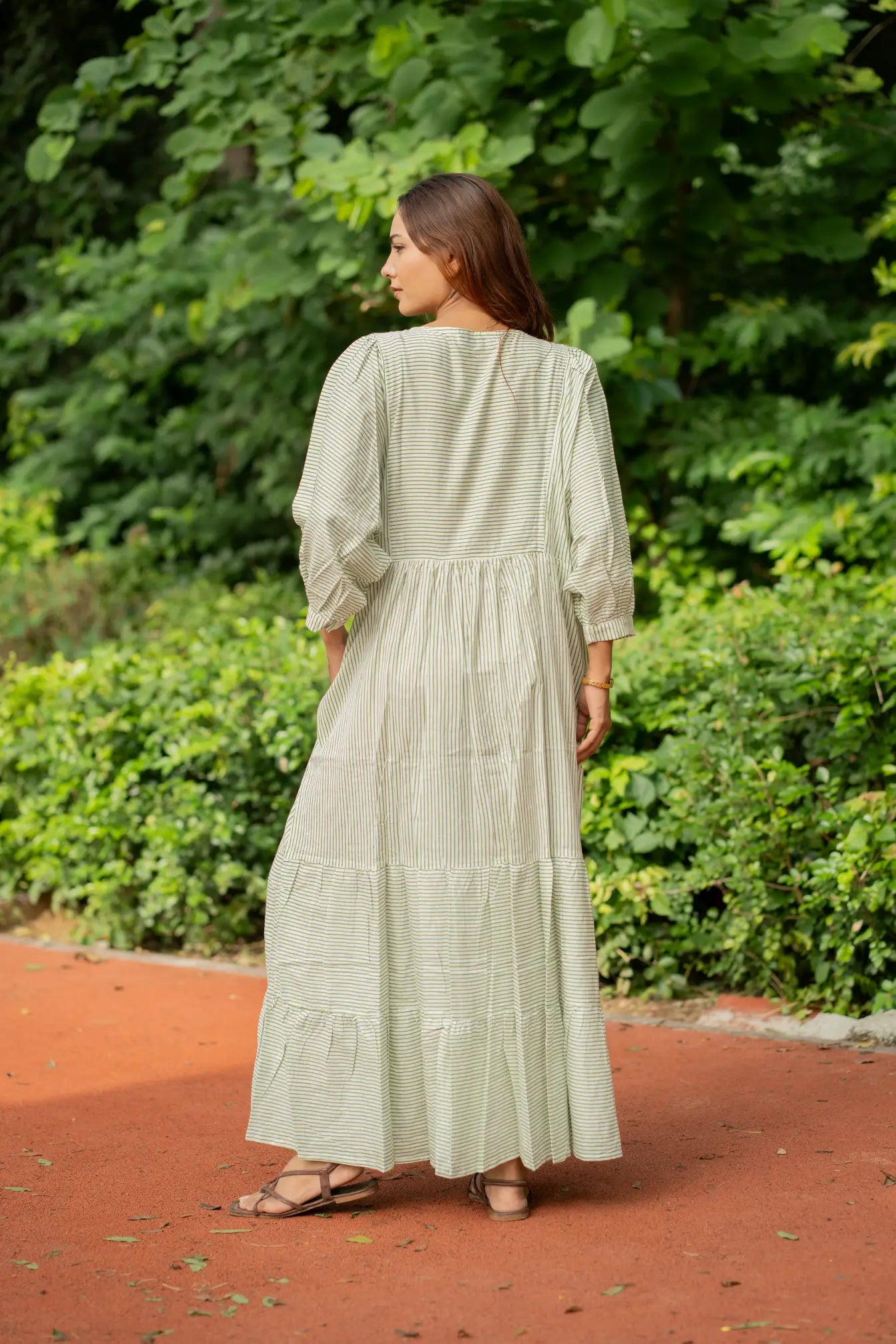 Hand Block-Print Striped Cotton Midi Dress for Women — Boho - gallery