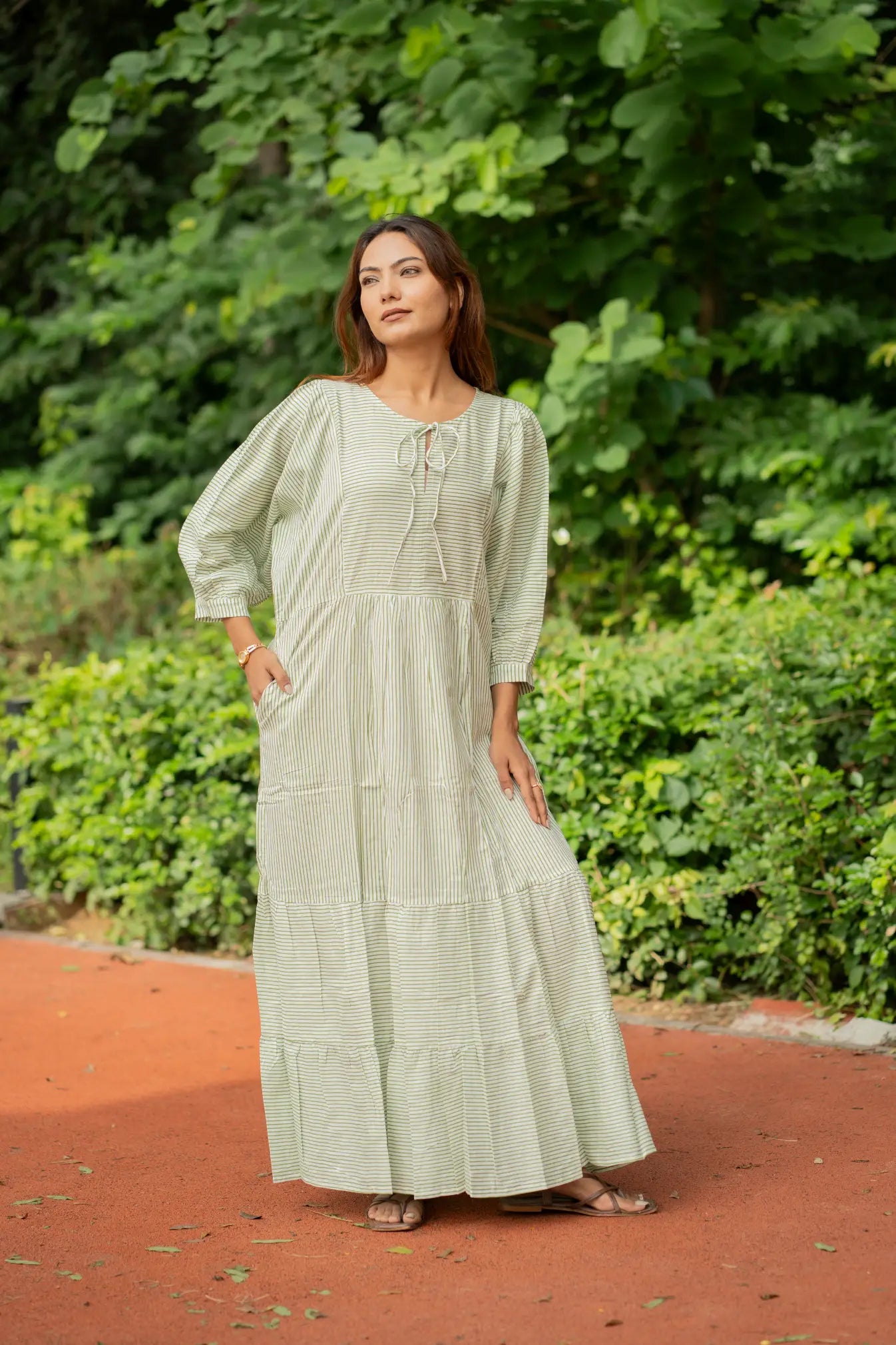 Hand Block-Print Striped Cotton Midi Dress for Women — Boho - gallery